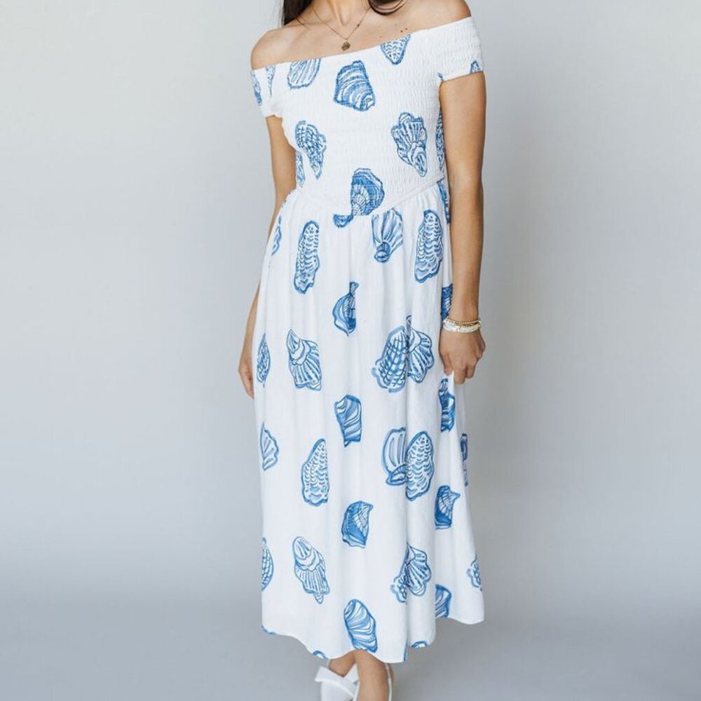 NWT Off the Shoulder White/Blue Seashell Dress, Bailey Rose, Size Small
